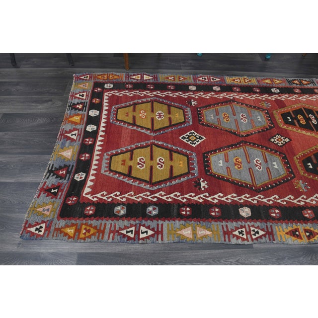 1970s Vintage Handmade Wool Cotton Red Kilim Runner Rug For Sale - Image 9 of 11