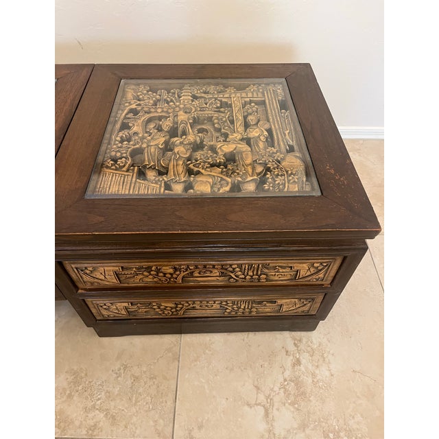 Coffee Vintage South East Asian Hand-Carved Five-Drawer Coffee Table With 3 Piece Glass Top Insets For Sale - Image 8 of 12