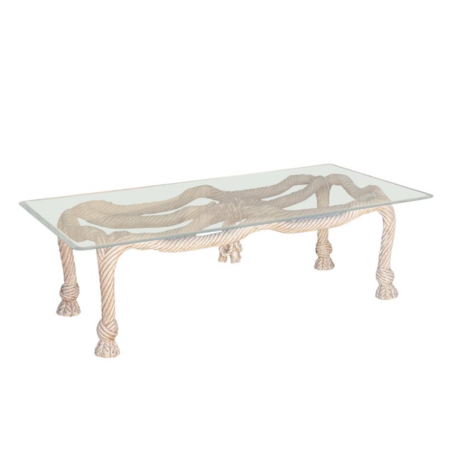 Beige 1980s Hand-Carved Wood and Glass Rope Coffee Table For Sale - Image 8 of 8