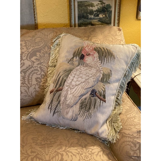 French Provincial 1990 Wool Tapestry Silk Fringe Cockatiel Pillows - Set of 2 For Sale - Image 3 of 7