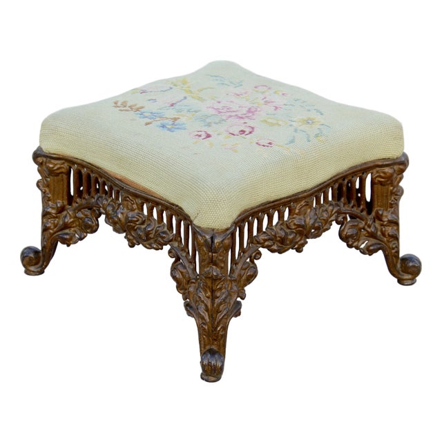 Vintage 1940s Rococo Revival Gilt Cast Iron Footstool With Floral Needlepoint Cushion For Sale