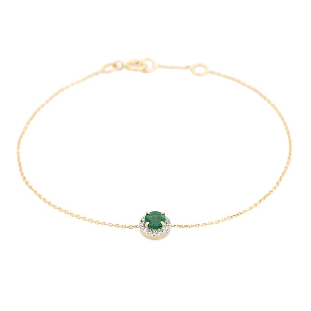 Not Yet Made - Made To Order Prong Set Round Emerald Bracelet With Halo Diamonds in 14k Yellow Gold For Sale - Image 5 of 14