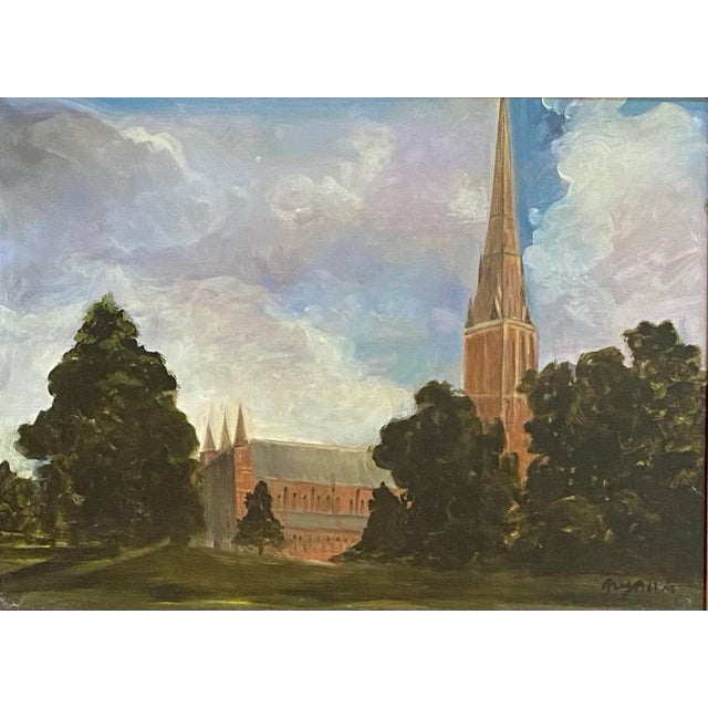 Original oil painting on Masonite of Salisbury Cathedral after John Constable. Signed in the lower right corner...