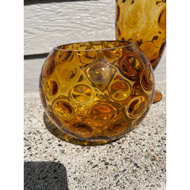 Mid-Century Modern Vintage Italian Amber Empoli Optic Glass Vases - Set of 2 For Sale - Image 3 of 10