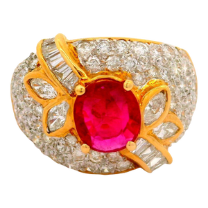 1.39 Carat Ruby Diamond Pave 18k Yellow Gold Ring, Size 5.75