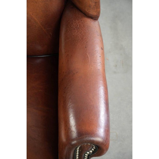 Brown Sheepskin Wing Armchair in Cognac Color For Sale - Image 8 of 13