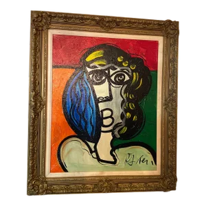 1960s Cubic Abstract Face Portrait Painting by Peter Keil, Framed