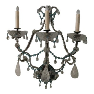 Pair of Crystal & Turquoise Beaded Three-Light Wall Sconces For Sale