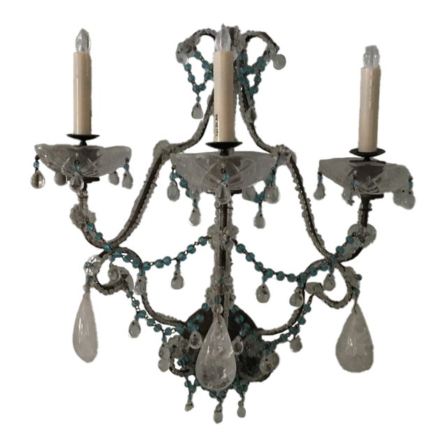 Pair of Crystal & Turquoise Beaded Three-Light Wall Sconces For Sale