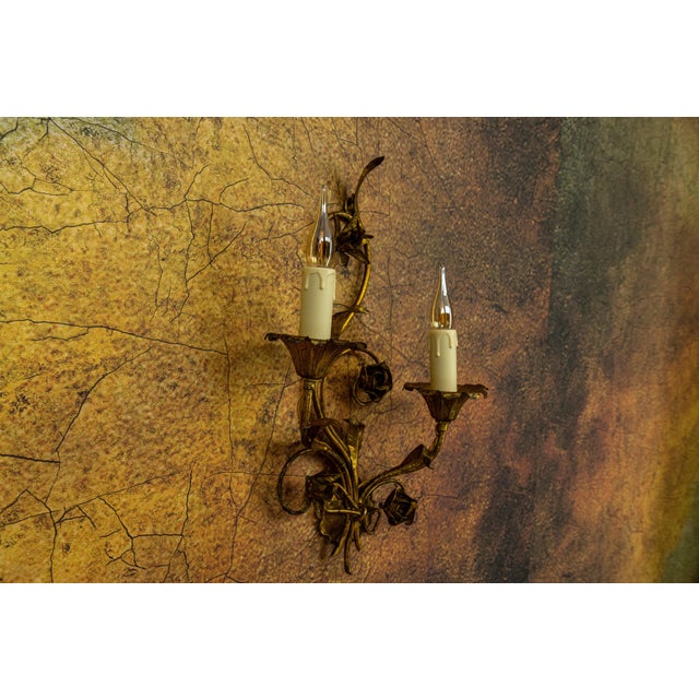 Metal Hollywood Regency Gilt Metal Botanical Two-Light Wall Sconce, 1950s For Sale - Image 7 of 18