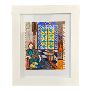 Mix Media Orientalist Painting on Paper Framed 12" by 10"