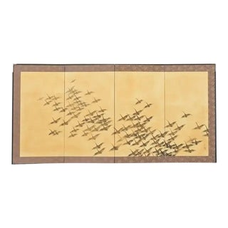 Japanese Showa Four Panel Screen Wild Geese in Flight For Sale