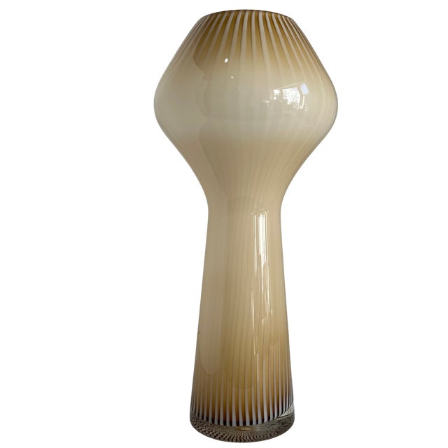 Murano 17+ Iin. Massimo Vignelli Venini Fungo Style Murano Beige Striped Art Glass Vase For Sale - Image 4 of 13