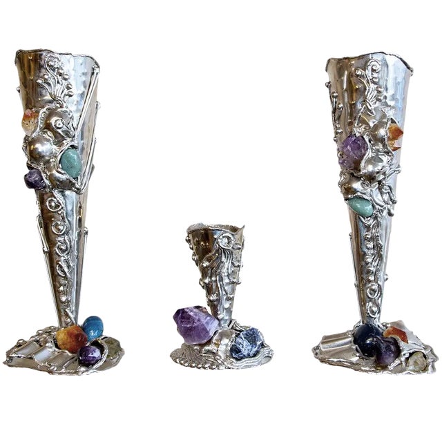 Metal Vases With Semi-Precious Stones For Sale