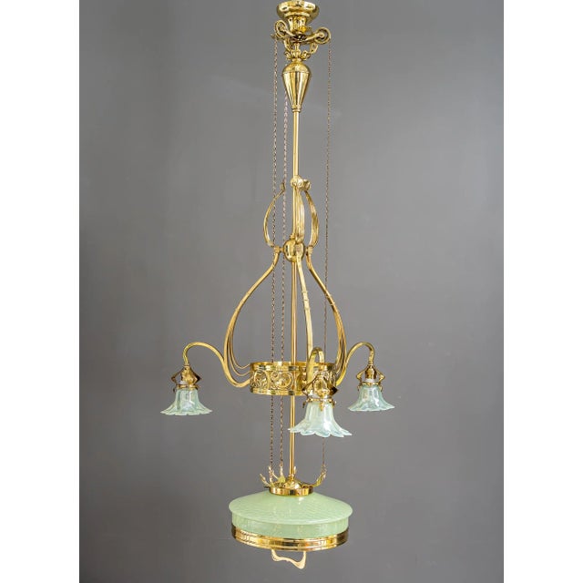Metal Jugendstil Adjustable Floral Chandelier with Opaline Glass Shades, 1910 For Sale - Image 7 of 18