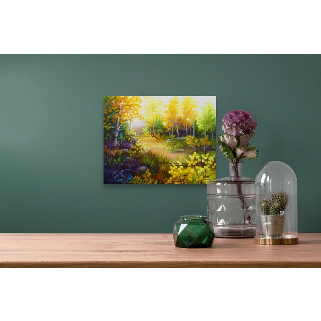 Evening Magic captures a vibrant forest scene bathed in warm, golden light. The interplay of luminous yellows and soft...
