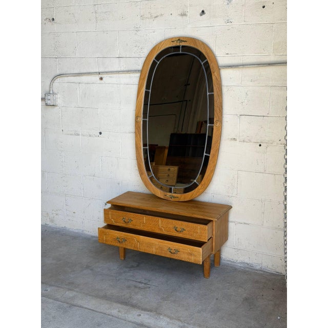 Wood Vintage Danish Oak Entryway Console Table & Oval Mirror Set With Brass Details For Sale - Image 7 of 10