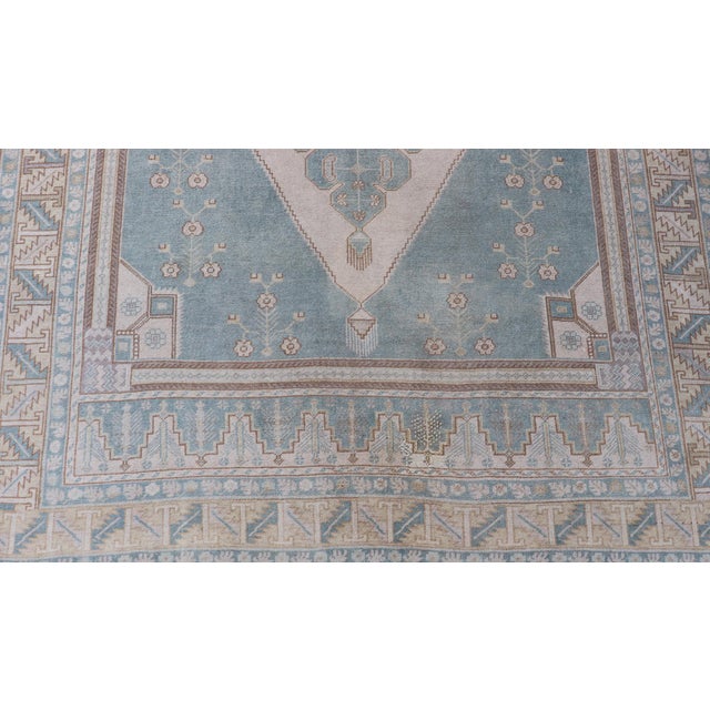 Large Vintage Turkish Oushak Rug With Central Medallion in Blue and Cream 6'8 X 12'7 For Sale - Image 9 of 14