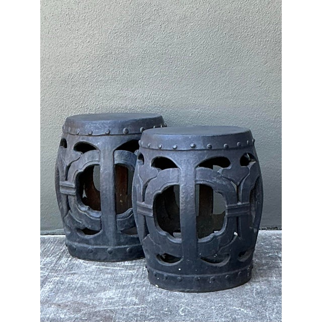 Vintage Linked Rings Matte Glazed Ceramic Garden Stools - A Pair For Sale - Image 4 of 12