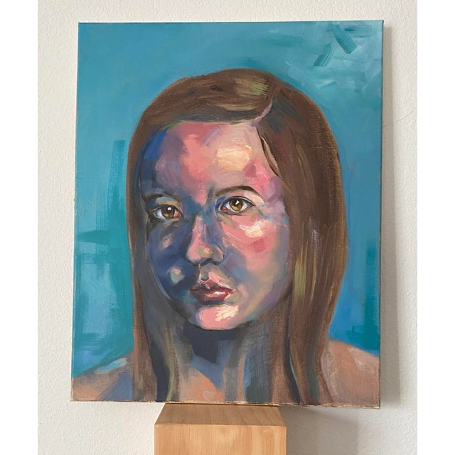 Turquoise 1970s Brutalist "Portrait of Esther" Fauvist Painting on Canvas For Sale - Image 8 of 8