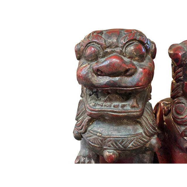 Red Pair of Carved Wood Chinese Foo Lions, 10" Tall, 20th Century For Sale - Image 8 of 12