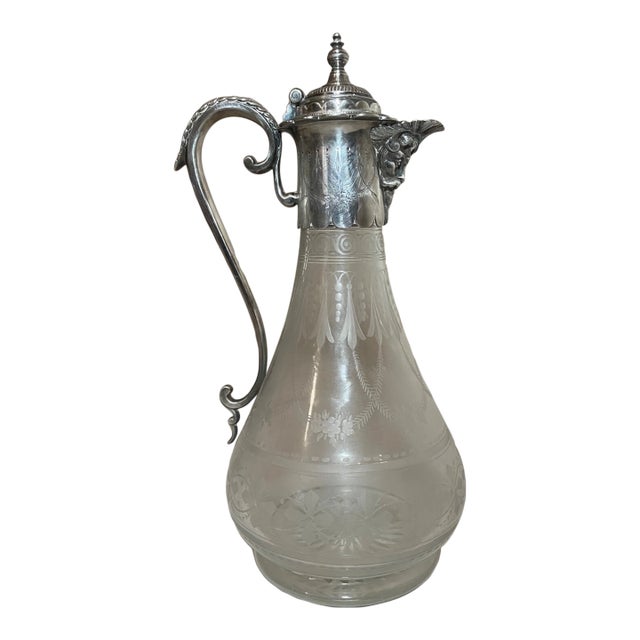 Antique 1800's Ornate Silverplate Etched Crystal Glass Wine Claret Decanter For Sale