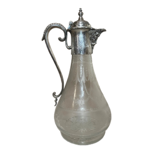Antique 1800's Ornate Silverplate Etched Crystal Glass Wine Claret Decanter