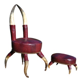 19th Century Antique Lodge Style Horn Chair and Ottoman For Sale