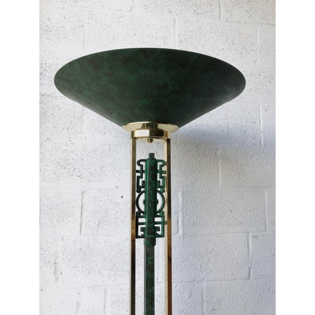 Vintage 1980s Italian Postmodern Torchiere Floor Lamp by Relux Milano. C 1980s. Features a Chinoiserie Inspired Cast Iron...