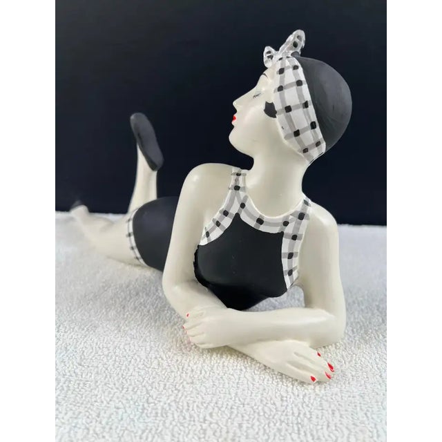 French Style Bathing Beauty Resin Figurine in Black & White Gingham Swimsuit For Sale - Image 13 of 18