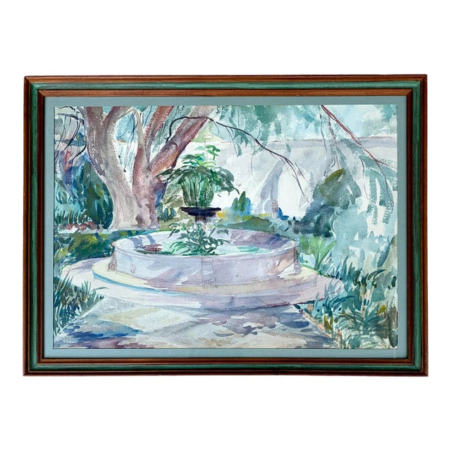 Garden With Fountain Midcentury Watercolor Landscape Painting For Sale