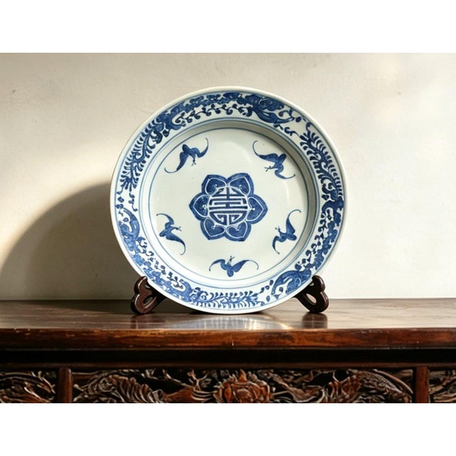 Art Deco Chinese Ceramic Plate,Blue and White Porcelain Plate Hand Painted Bats and Longevity Character Pattern For Sale - Image 3 of 11