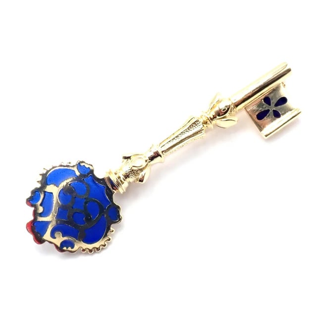 Vintage Mikimoto 18k Yellow Gold Key Blue Enamel Brooch Pin For Sale - Image 9 of 9