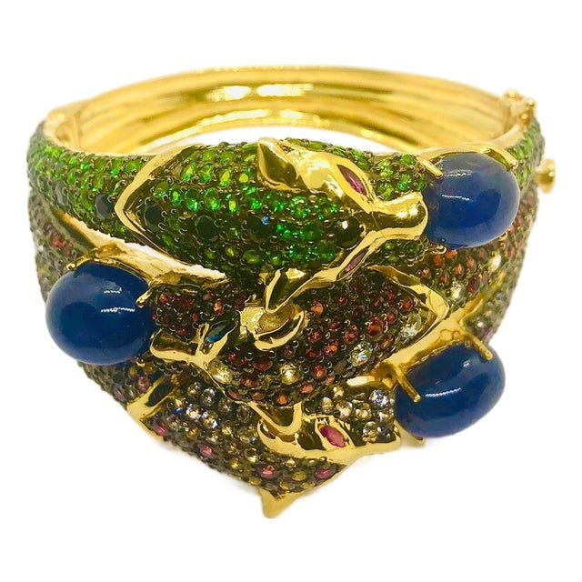 Bochic ‘Capri’ Vintage Natural Ruby, Sapphire & Emerald Cuff In 18K Gold & Silve For Sale