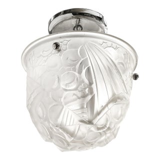 Art Deco Molded & Frosted Glass Pendant W/ Cubist Detailing by Muller Freres For Sale