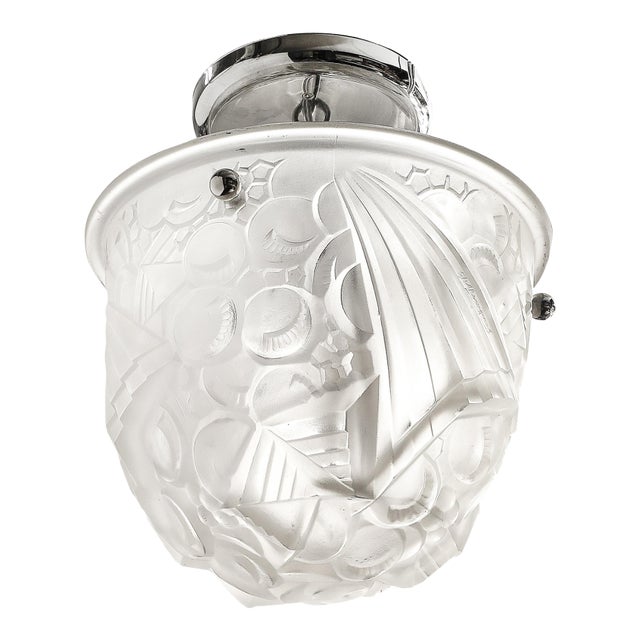 Art Deco Molded & Frosted Glass Pendant W/ Cubist Detailing by Muller Freres For Sale