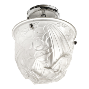 Art Deco Molded & Frosted Glass Pendant W/ Cubist Detailing by Muller Freres
