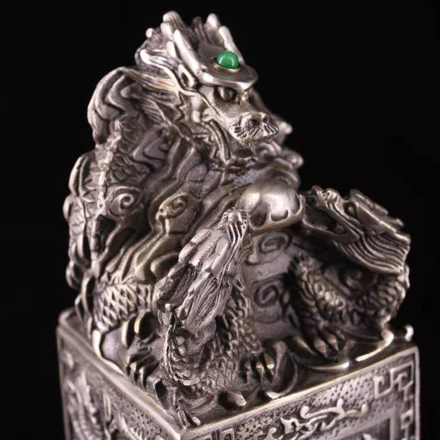 Chinese 1960s Large Chinese Dragon Seal Sculpture - Antiqued Metal Desk Statue With Green Stone Inlay For Sale - Image 3 of 9