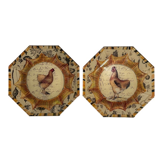 2 Vintage John Derian Decoupage Signed Rooster 8.5” Plates For Sale