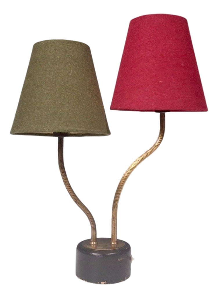 1950s Mid-Century Modern Swedish Modern, Two-Arm Brass, Black Painted Wood Table Lamp