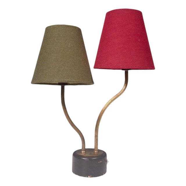Swedish Modern, Two-Arm Table Lamp, Brass, Black Painted Wood, Sweden, 1950s For Sale