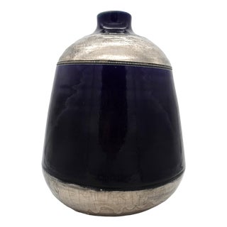 Cobalt Blue and Silver Glazed Ceramic Vase from Jules Guerin, Belgium, 1950s For Sale