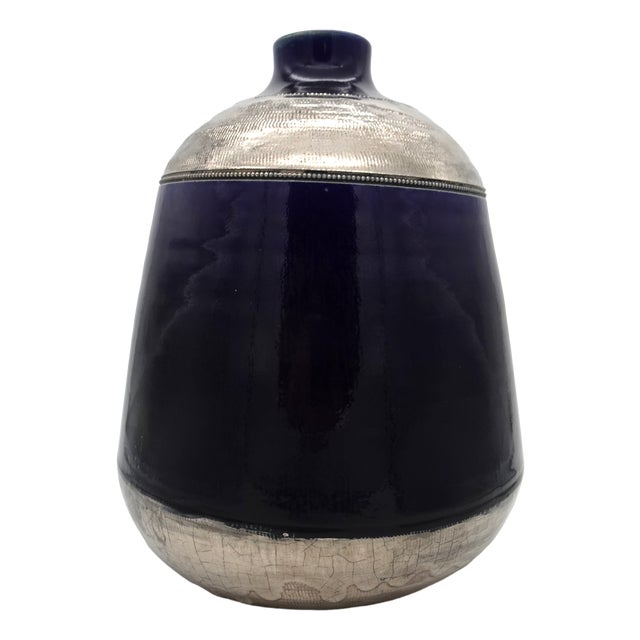 Cobalt Blue and Silver Glazed Ceramic Vase from Jules Guerin, Belgium, 1950s For Sale