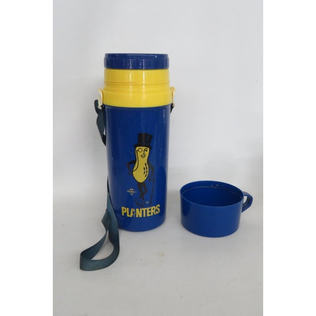 1970s Mr Peanut Aladdin Blue Yellow Plastic Thermos Travel Mug With Strap For Sale - Image 12 of 17