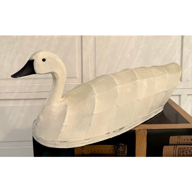 Wood Folk Art Swan Decoy Sculpture With Carved Wood Head and Canvas Over Wire Armature For Sale - Image 7 of 12