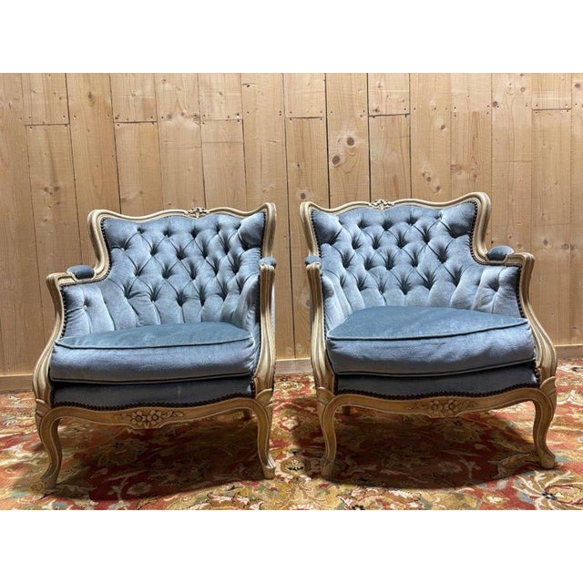 Louis XV Style Bergère Blue Chairs, Set of 2 For Sale - Image 4 of 9