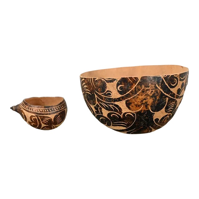 Mid to Late 20th Century South American Tribal Gourd Bowls Hand Carved Floral Details a Pair For Sale