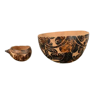 Mid to Late 20th Century South American Tribal Gourd Bowls Hand Carved Floral Details a Pair