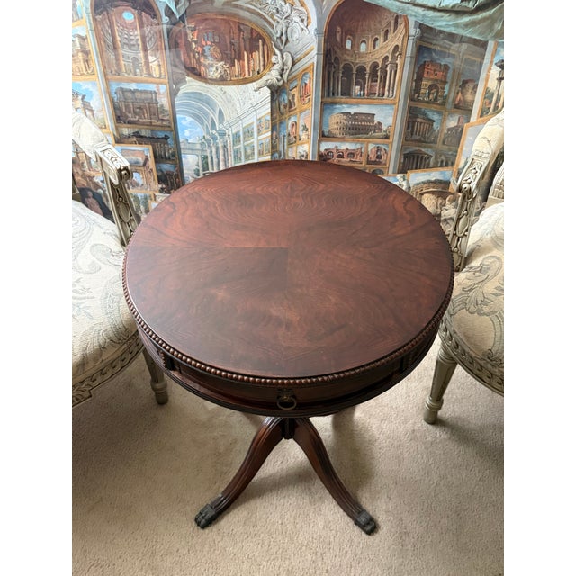 Vintage Mid-Century Regency Mahogany Drum Table With Carved Paw Feet For Sale - Image 10 of 12