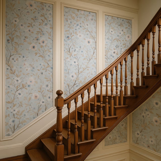 Paper Vintage 90s White and Blue Floral Motif Wallpaper For Sale - Image 7 of 7